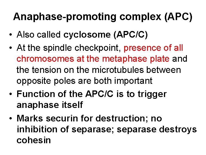 Anaphase-promoting complex (APC) • Also called cyclosome (APC/C) • At the spindle checkpoint, presence