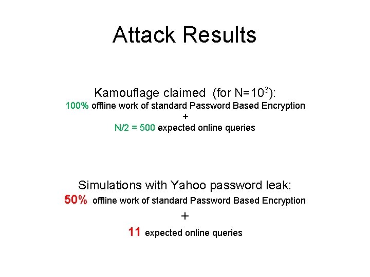 Attack Results Kamouflage claimed (for N=103): 100% offline work of standard Password Based Encryption Attack Results Kamouflage claimed (for N=103): 100% offline work of standard Password Based Encryption