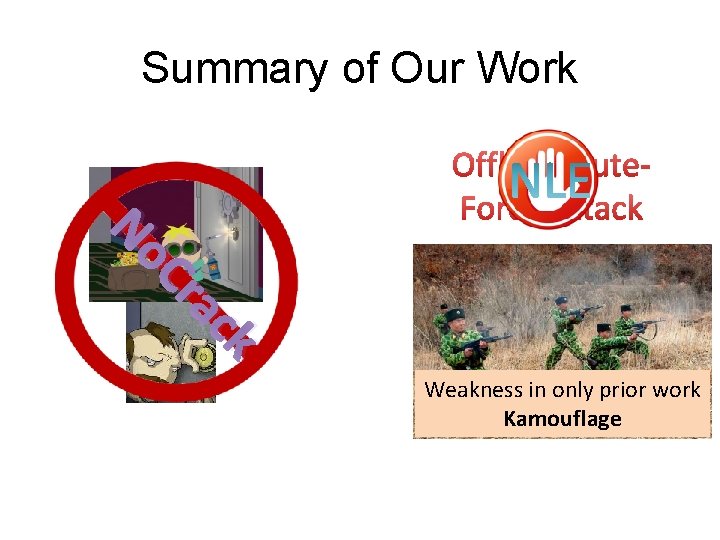 Summary of Our Work ck a Cr No Weakness in only prior work Kamouflage Summary of Our Work ck a Cr No Weakness in only prior work Kamouflage