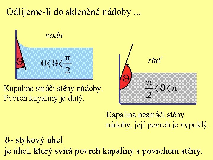 Odlijeme-li do skleněné nádoby. . . vodu rtuť Kapalina smáčí stěny nádoby. Povrch kapaliny