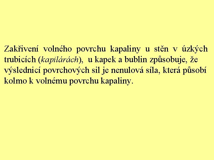 Zakřivení volného povrchu kapaliny u stěn v úzkých trubicích (kapilárách), u kapek a bublin