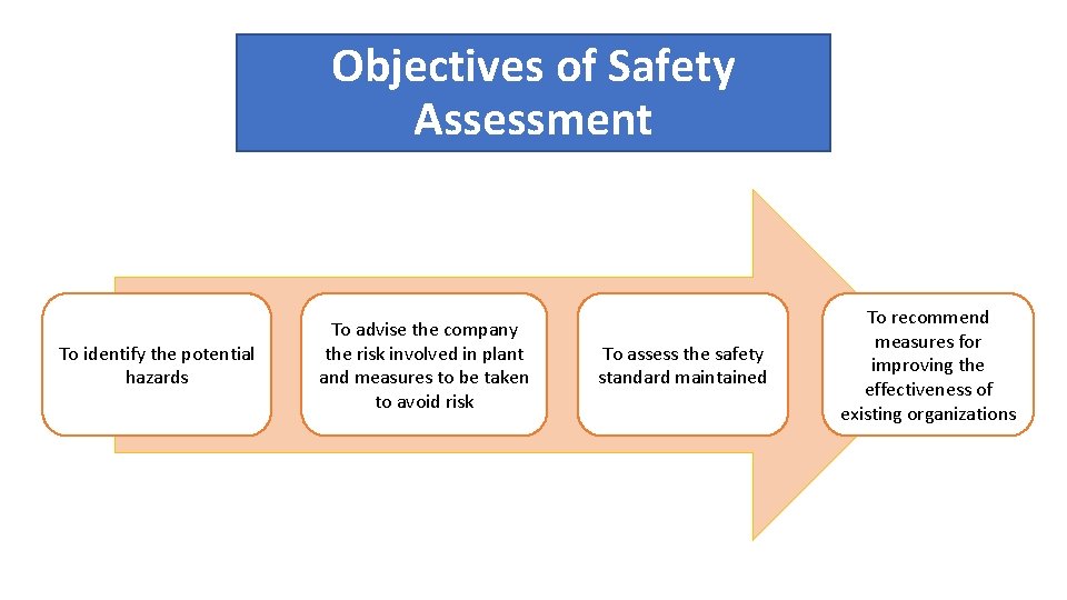 Objectives of Safety Assessment To identify the potential hazards To advise the company the Objectives of Safety Assessment To identify the potential hazards To advise the company the