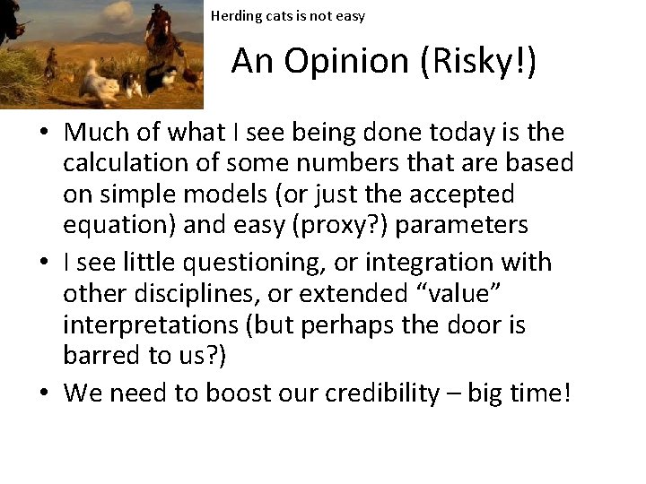 Herding cats is not easy An Opinion (Risky!) • Much of what I see