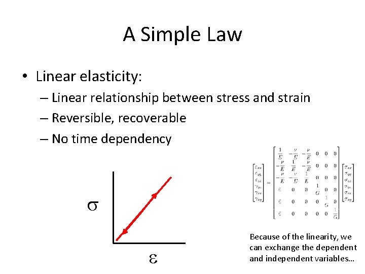 A Simple Law • Linear elasticity: – Linear relationship between stress and strain –