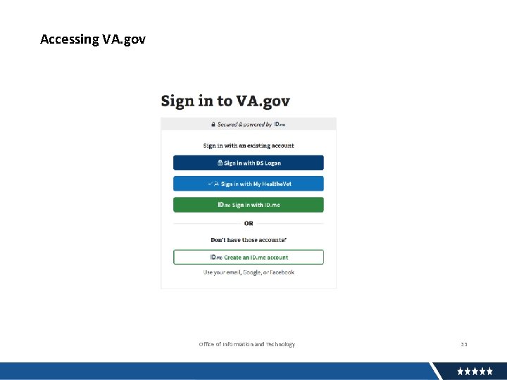 Accessing VA. gov Office of Information and Technology 33 