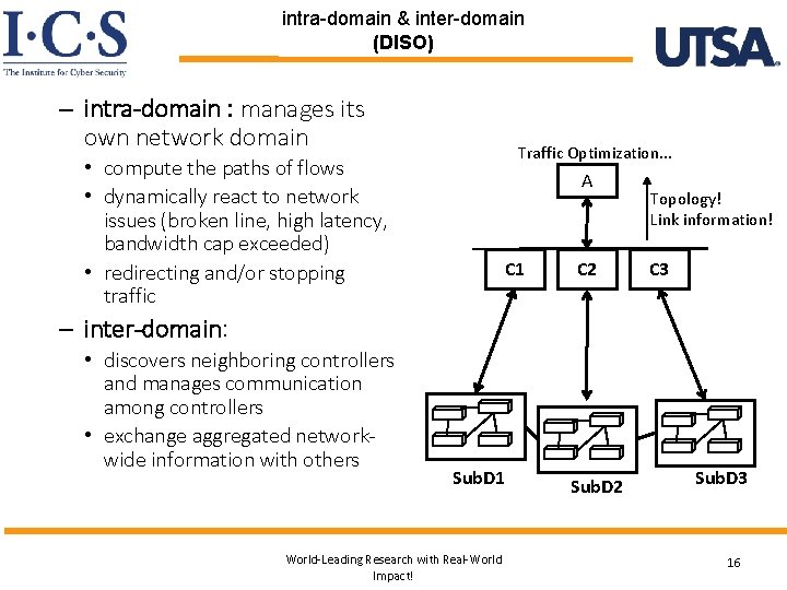 intra-domain & inter-domain (DISO) – intra-domain : manages its own network domain Traffic Optimization.