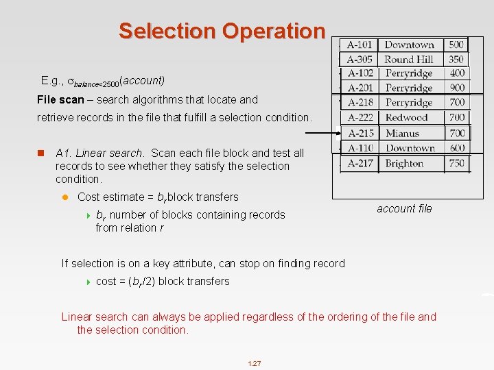 Selection Operation E. g. , balance<2500(account) File scan – search algorithms that locate and