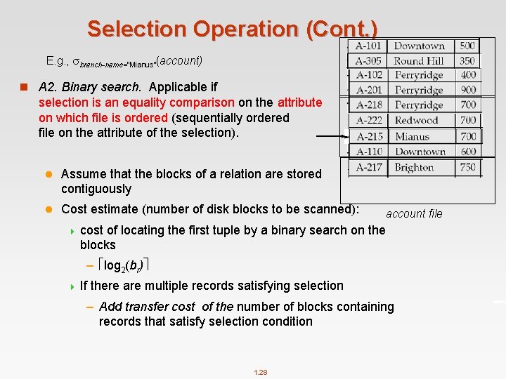 Selection Operation (Cont. ) E. g. , branch-name=“Mianus”(account) n A 2. Binary search. Applicable