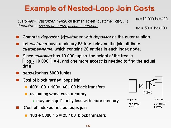 Example of Nested-Loop Join Costs nc=10. 000 bc=400 customer = (customer_name, customer_street, customer_city, …)
