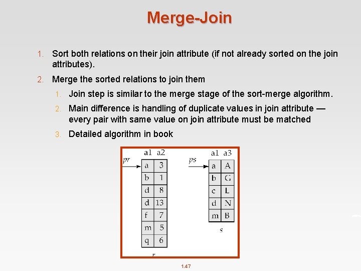 Merge-Join 1. Sort both relations on their join attribute (if not already sorted on