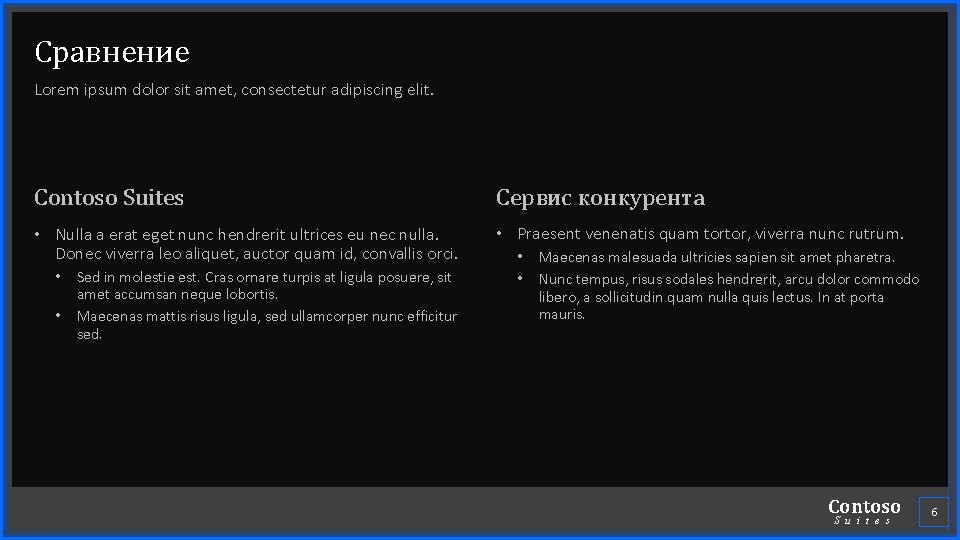 Сравнение Lorem ipsum dolor sit amet, consectetur adipiscing elit. Contoso Suites Сервис конкурента •