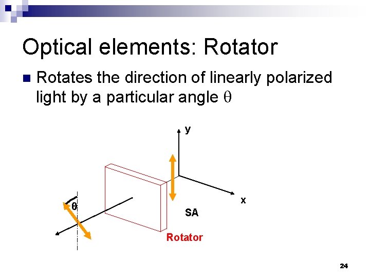 Optical elements: Rotator n Rotates the direction of linearly polarized light by a particular Optical elements: Rotator n Rotates the direction of linearly polarized light by a particular
