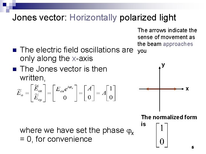 Jones vector: Horizontally polarized light n n The electric field oscillations are only along Jones vector: Horizontally polarized light n n The electric field oscillations are only along