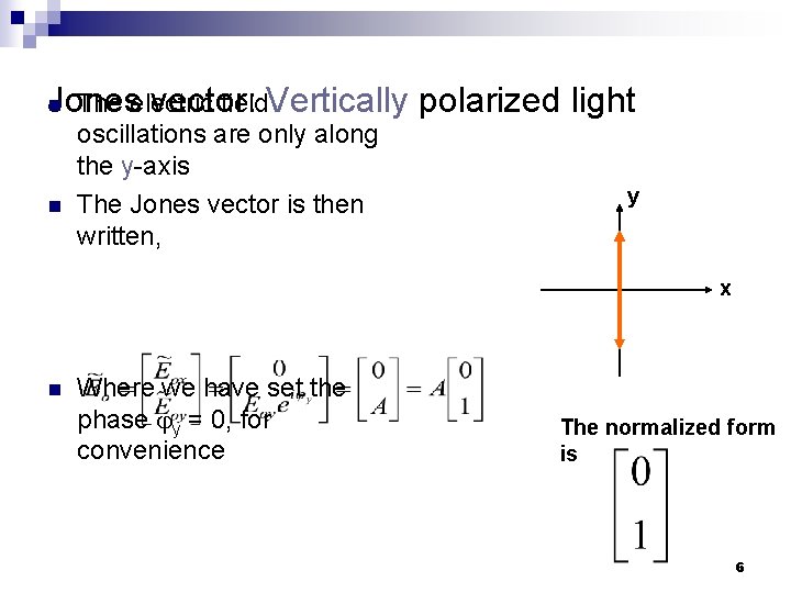 The electric field. Vertically polarized light Jones vector: n n oscillations are only along The electric field. Vertically polarized light Jones vector: n n oscillations are only along