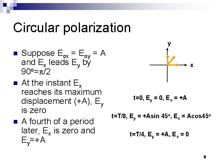 Circular polarization y n n n Suppose Eox = Eoy = A and Ex Circular polarization y n n n Suppose Eox = Eoy = A and Ex