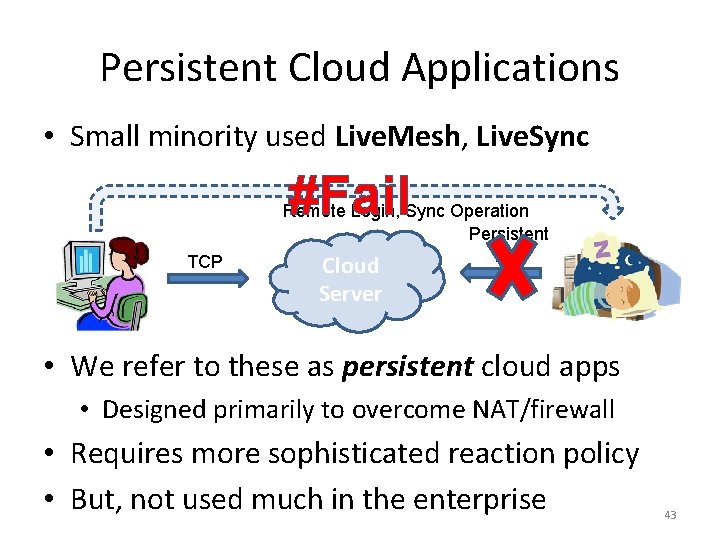 Persistent Cloud Applications • Small minority used Live. Mesh, Live. Sync #Fail TCP Remote