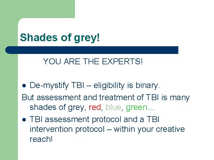 Shades of grey! YOU ARE THE EXPERTS! De-mystify TBI – eligibility is binary. But