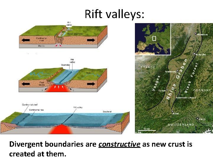 Rift valleys: Divergent boundaries are constructive as new crust is created at them. Rift valleys: Divergent boundaries are constructive as new crust is created at them.