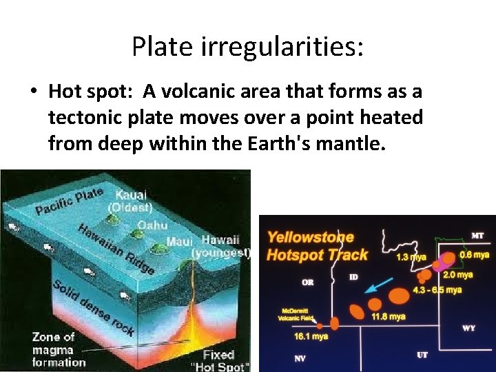 Plate irregularities: • Hot spot: A volcanic area that forms as a tectonic plate Plate irregularities: • Hot spot: A volcanic area that forms as a tectonic plate