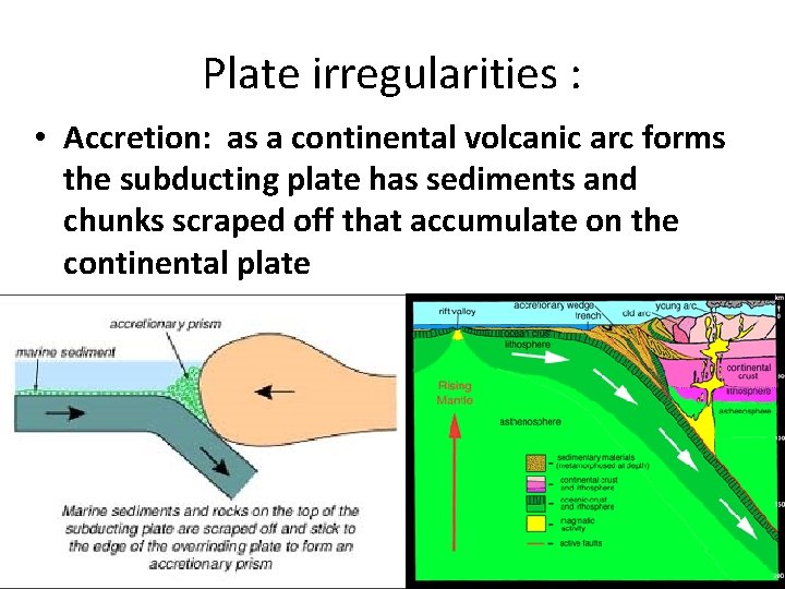 Plate irregularities : • Accretion: as a continental volcanic arc forms the subducting plate Plate irregularities : • Accretion: as a continental volcanic arc forms the subducting plate