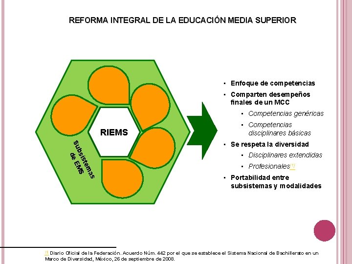 REFORMA INTEGRAL DE LA EDUCACIÓN MEDIA SUPERIOR • Enfoque de competencias • Comparten desempeños