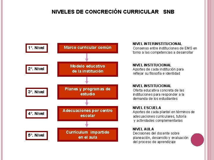 NIVELES DE CONCRECIÓN CURRICULAR SNB NIVEL INTERINSTITUCIONAL Consenso entre instituciones de EMS en torno