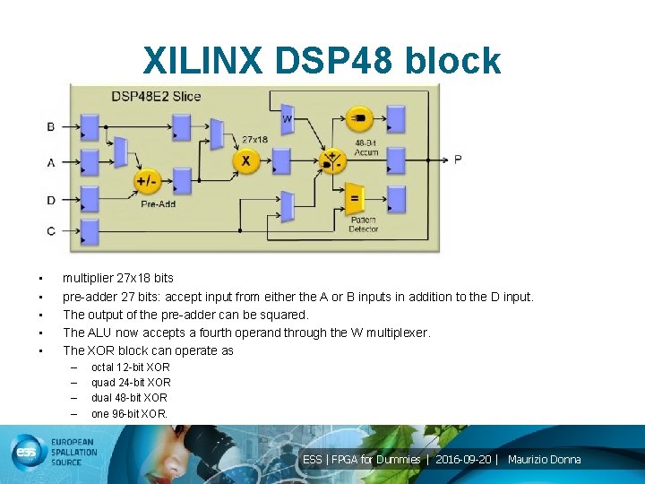 XILINX DSP 48 block • • • multiplier 27 x 18 bits pre-adder 27