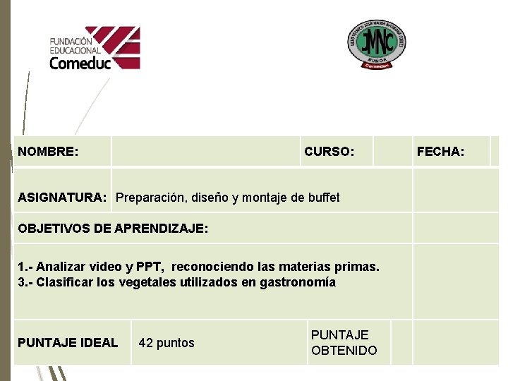 NOMBRE: CURSO: FECHA: ASIGNATURA: Preparación, diseño y montaje de buffet OBJETIVOS DE APRENDIZAJE: 1.