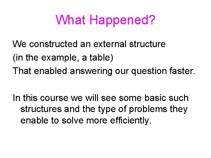 What Happened? We constructed an external structure (in the example, a table) That enabled