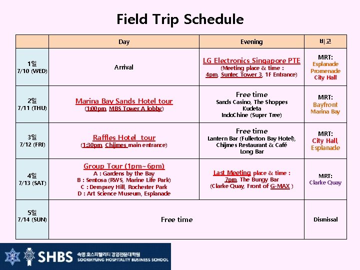 Field Trip Schedule 　 1일 7/10 (WED) 2일 7/11 (THU) 3일 7/12 (FRI) Day