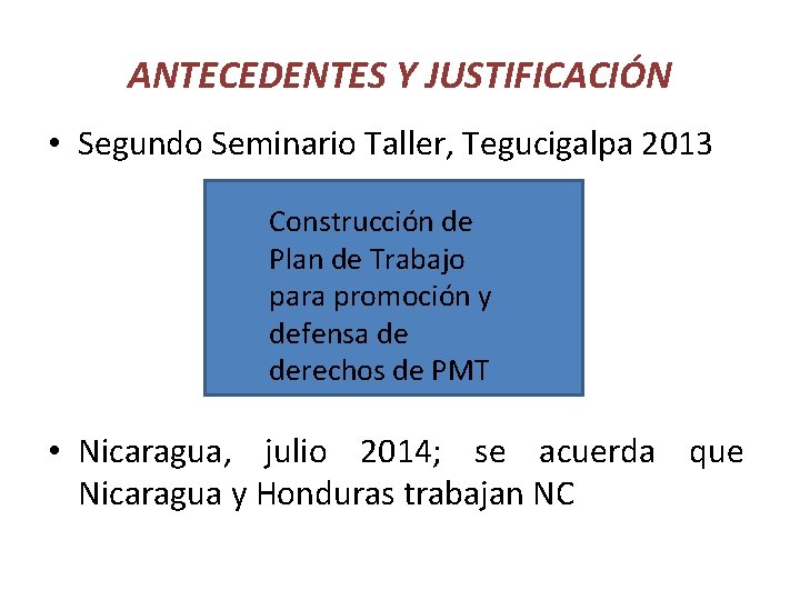 ANTECEDENTES Y JUSTIFICACIÓN • Segundo Seminario Taller, Tegucigalpa 2013 Construcción de Plan de Trabajo