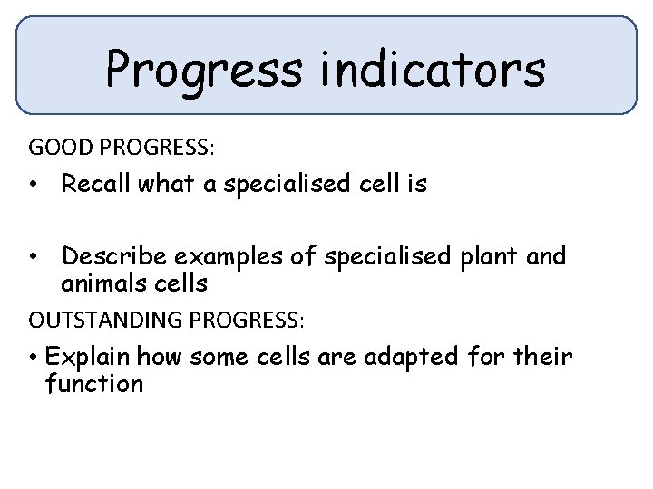 Progress indicators GOOD PROGRESS: • Recall what a specialised cell is • Describe examples