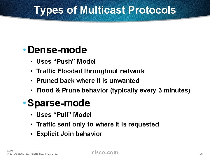 Types of Multicast Protocols • Dense-mode • • Uses “Push” Model Traffic Flooded throughout