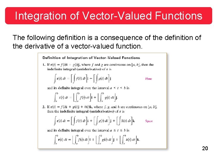 Integration of Vector-Valued Functions The following definition is a consequence of the definition of