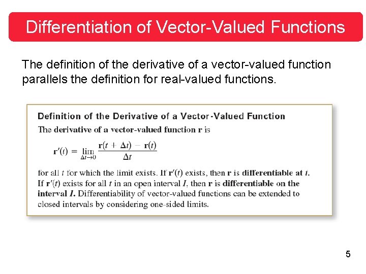 Differentiation of Vector-Valued Functions The definition of the derivative of a vector-valued function parallels