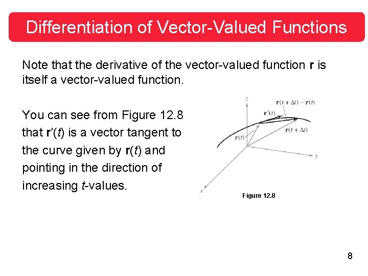 Differentiation of Vector-Valued Functions Note that the derivative of the vector-valued function r is