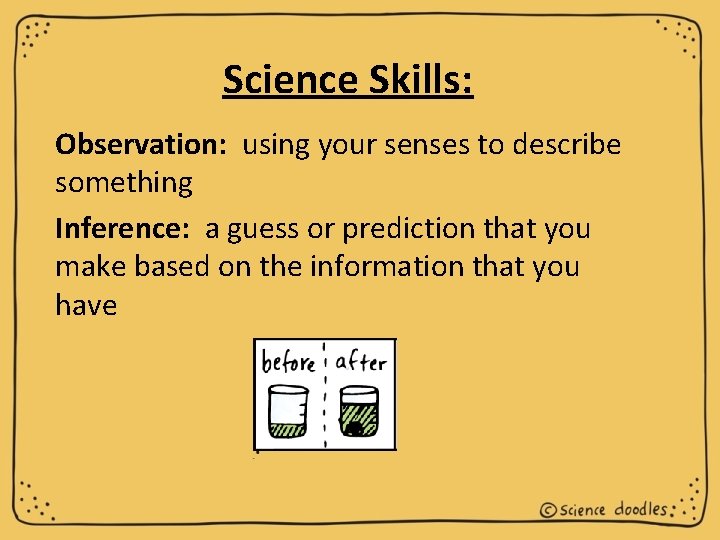 Science Skills: Observation: using your senses to describe something Inference: a guess or prediction