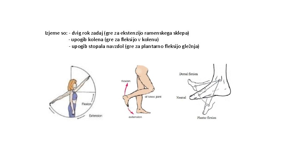 Izjeme so: - dvig rok zadaj (gre za ekstenzijo ramenskega sklepa) - upogib kolena