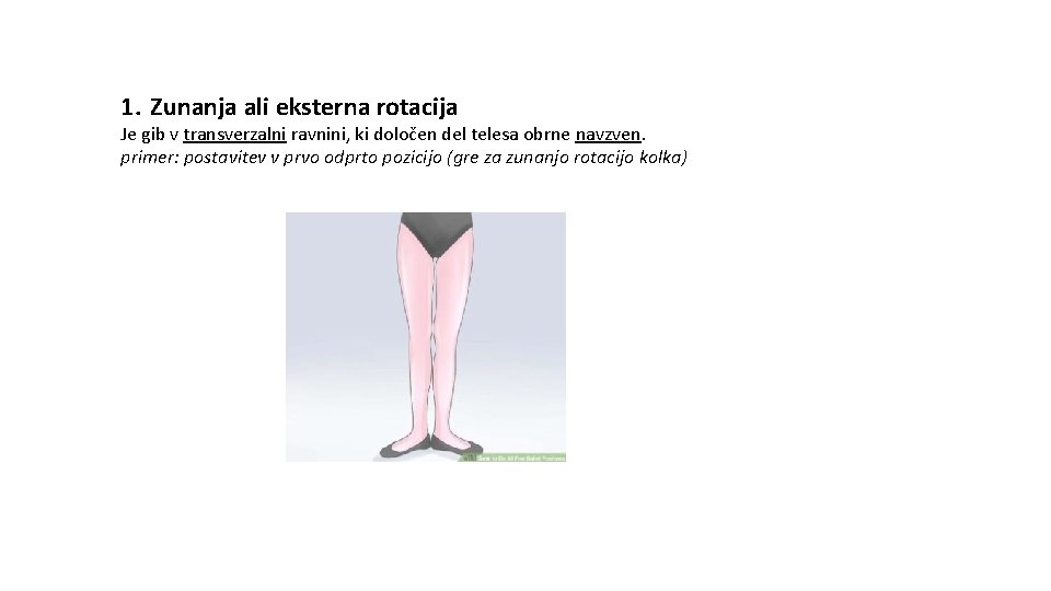 1. Zunanja ali eksterna rotacija Je gib v transverzalni ravnini, ki določen del telesa