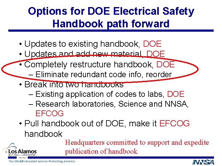 Options for DOE Electrical Safety Handbook path forward • Updates to existing handbook, DOE