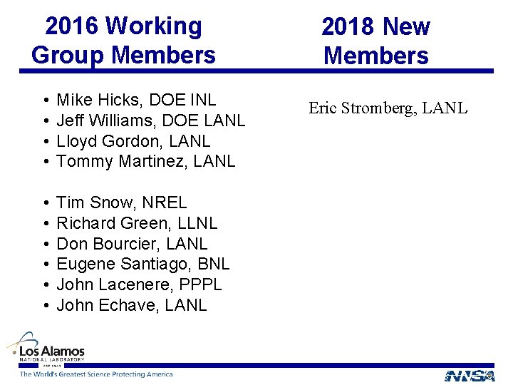 2016 Working Group Members • • Mike Hicks, DOE INL Jeff Williams, DOE LANL