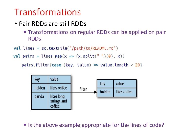 Transformations • Pair RDDs are still RDDs § Transformations on regular RDDs can be