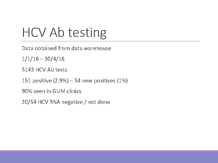 HCV Ab testing Data obtained from data warehouse 1/1/16 – 30/4/16 5143 HCV Ab