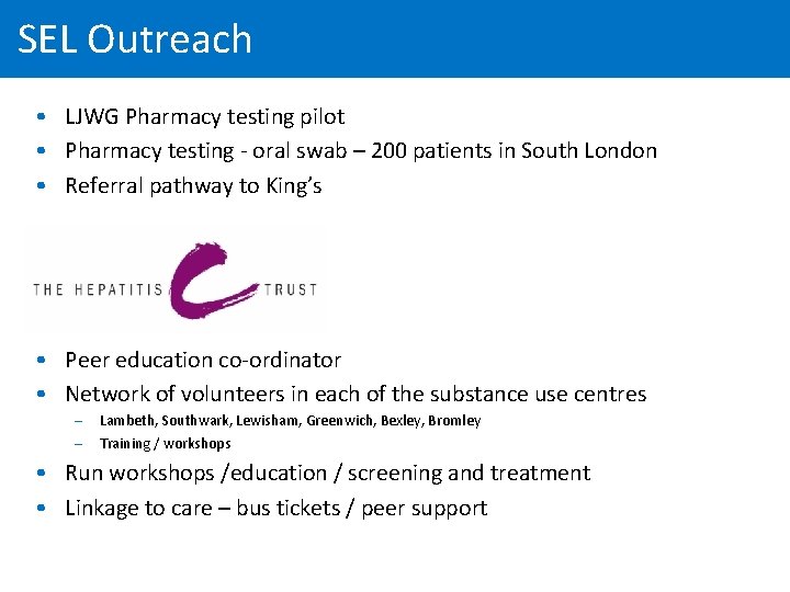 SEL Outreach • LJWG Pharmacy testing pilot • Pharmacy testing - oral swab –