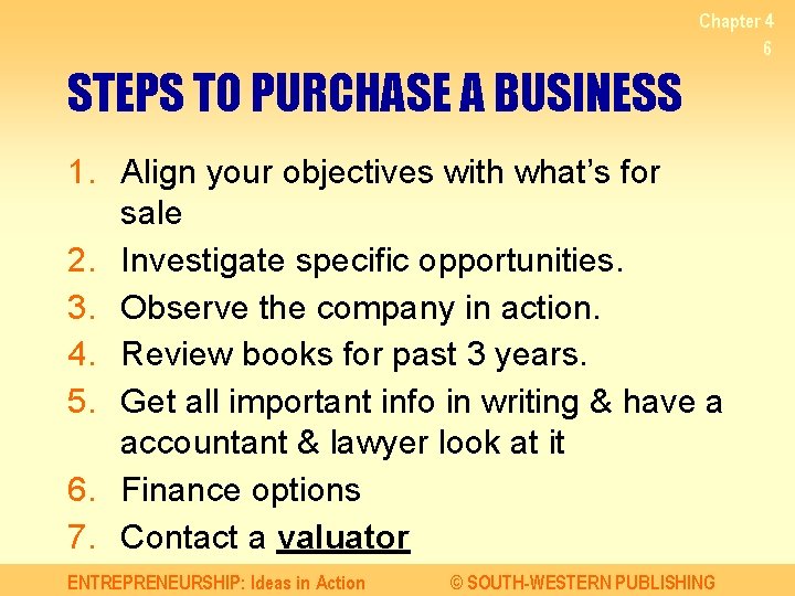 Chapter 4 6 STEPS TO PURCHASE A BUSINESS 1. Align your objectives with what’s