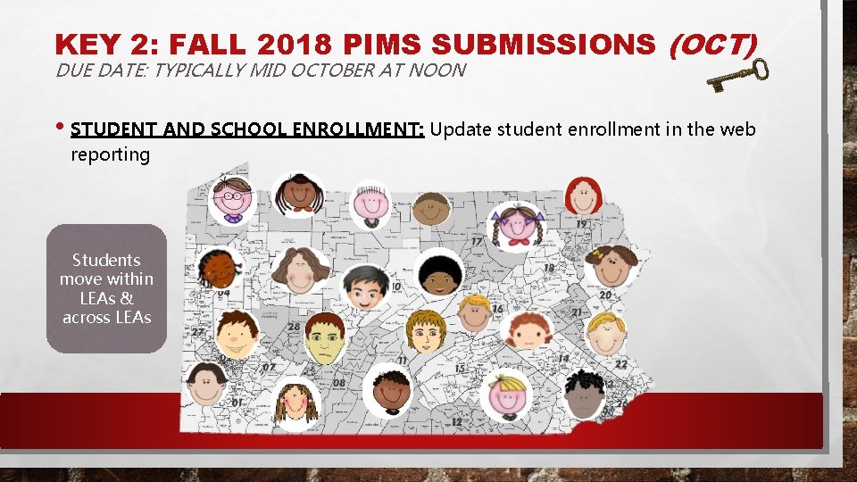 KEY 2: FALL 2018 PIMS SUBMISSIONS (OCT) DUE DATE: TYPICALLY MID OCTOBER AT NOON