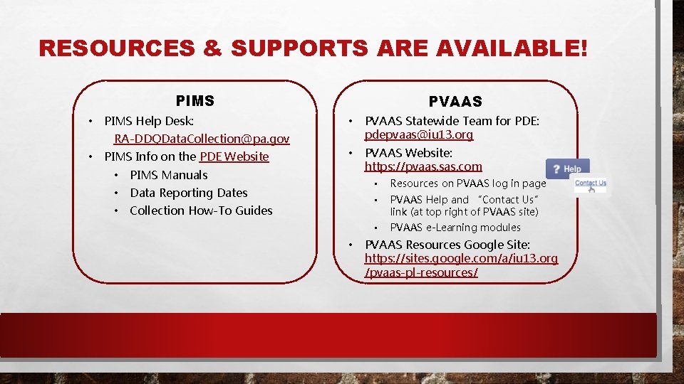 RESOURCES & SUPPORTS ARE AVAILABLE! PIMS • PIMS Help Desk: PVAAS • PVAAS Statewide