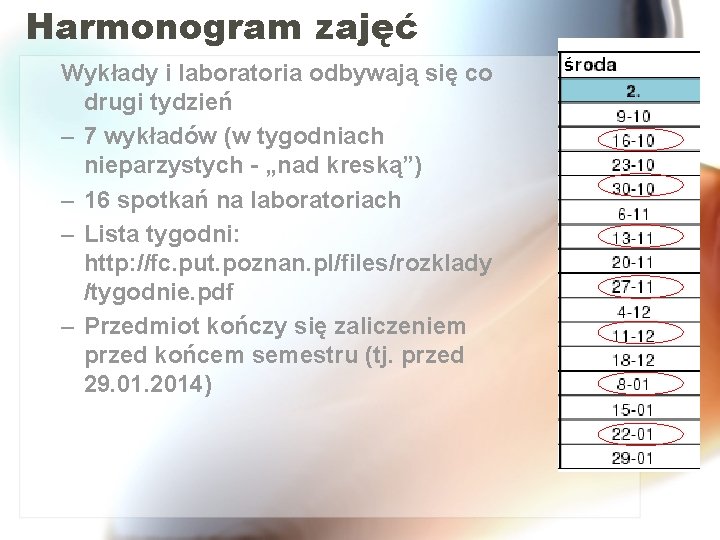 Harmonogram zajęć Wykłady i laboratoria odbywają się co drugi tydzień – 7 wykładów (w