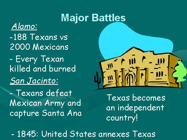 Major Battles Alamo: -188 Texans vs 2000 Mexicans - Every Texan killed and burned