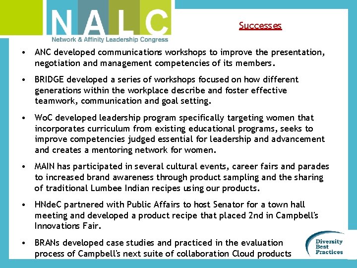 Successes • ANC developed communications workshops to improve the presentation, negotiation and management competencies
